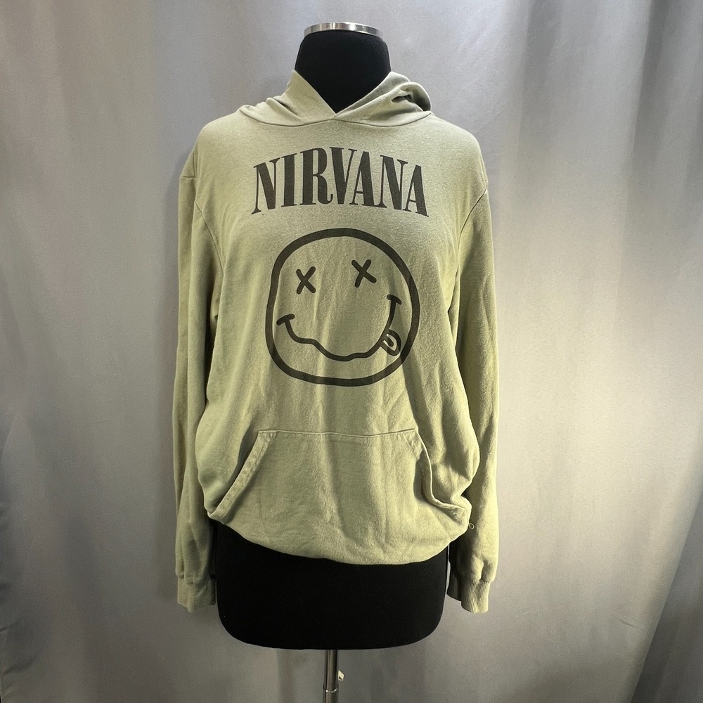 Nirvana Pullover Hoodie Womens M Sage Green Band Smiling Face Graphic Streetwear